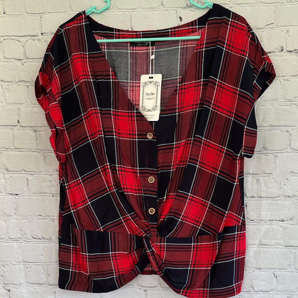 Coeur De Vague Red Plaid Short Sleeve Knotted Top